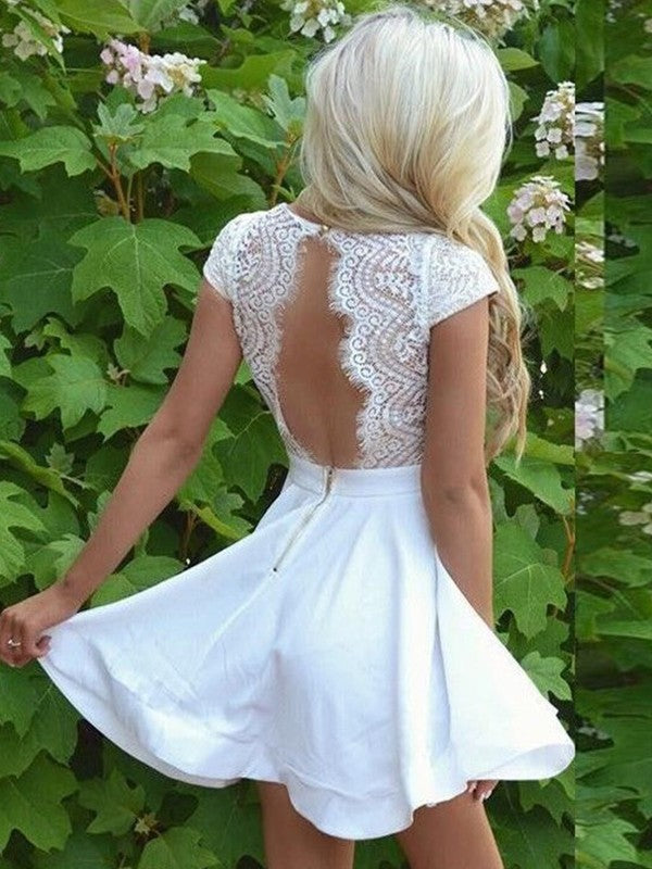 Vestidos cortos/mini de satén con encaje, escote en V y mangas cortas